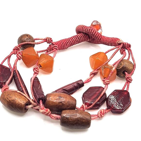 Estate Jewelry - Multi-strand Carnelian Wood Beaded Bracelet Anklet Red cord 9in